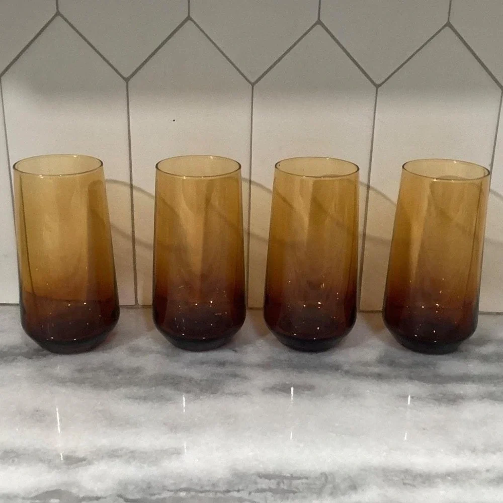 Rakle Amber Glass Tumblers, Set of 4 Mid Century Ombré Drinkware, Modern Glasses